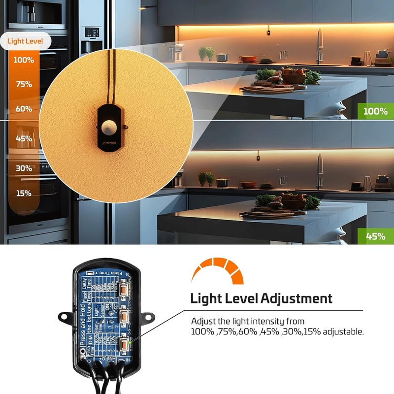 Sensky BS010BB DC 12V/24V 3A مفتاح استشعار حركة PIR صغير قابل للتعتيم، مفتاح استشعار الوجود لخزانة المطبخ، المخزن، إضاءة LED في الخزانة (أسود مع مستشعر ضوء) - Image 3